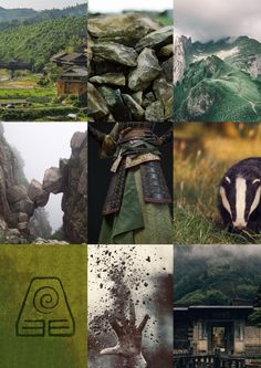 a collage of photos with animals and mountains in the background, including a building