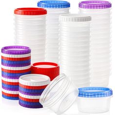 many plastic cups are stacked on top of each other