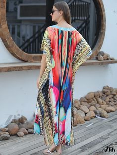 Zlily - Stylish Plus Size Boho Cover Up: Womens Graphic Print Bat Sleeve V Neck Split Hem Maxi Dress with Slight Stretch for a Flattering Fit Colorful Printed Beach Dress, Multicolor V-neck Beach Dress With Vibrant Print, Multicolor V-neck Vibrant Print Beach Dress, Colorful V-neck Kaftan For The Beach, Colorful Printed Beachwear Dresses, Colorful Printed Maxi Dress For Beach Season, Multicolor Casual Tunic Beach Dress, Colorful Printed Summer Kaftan, Colorful Summer Kaftan For Vacation