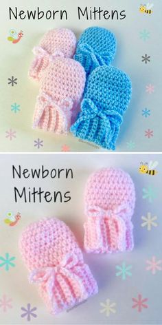 crocheted newborn mittens are shown in two different colors