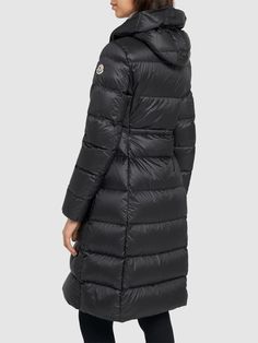 Find MONCLER Boedic Nylon Down Long Jacket on Editorialist. Crafted from recycled longue saison. Recycled longue saison lining. Down-filled. Hood with detachable shearling trim. To-way zip closure. Elastic belt with snap button closure. Zipped pockets with grosgrain details. Elastic cuffs. Model is wearing a size1