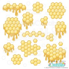 honeycombs with dripping yellow liquid on them, set of twelve clippings