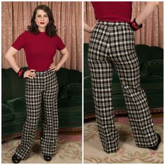 "Sporty vintage 1970s subtle bell bottoms in black and ivory wool plaid. These have a mid length rise that doesn't hit the natural waist. The legs are flared. They are fully lined with black acetate - they're casual clothes, but a quality you don't find today.  ✂-----Measurements Dropped Waist:  29\" Hips: 36\" Length: 43\" Inseam: 32.5\" Rise: 11.25 Hem Circumference: 22.5 Label: Jackfin, New York Material:  Wool, acetate lining Condition: Very Good minus These pants are clean and ready to wear. There is a single moth chew at the low back left leg - it's not a hole, just some surface fibers. With the lining behind and the location, it would never be seen. I find no other issues to note!" 1970s Pants, Pants Cute, Plaid Pants, Casual Clothes, Wool Plaid, Drop Waist, Vintage 1970s, Bell Bottoms, Jumpsuits For Women