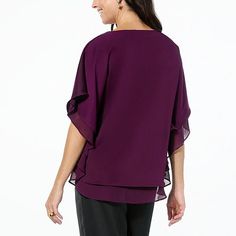 Nina Leonard Double Layer Hi-Low Kimono Top   Create your own signature style with this fun, elegant dolman-sleeve top that complements your favorite bottoms. Casual Drapey Top With Batwing Sleeves, Elegant Batwing Sleeve Tops For Spring, Elegant Spring Tops With Batwing Sleeves, Chic Drapey Tops For Fall, Elegant Batwing Sleeve Tops For Fall, Elegant Crew Neck Top For Day Out, Chic Batwing Sleeve Blouse For Layering, Elegant Batwing Sleeve Top For Workwear, Elegant Batwing Sleeve Top For Work