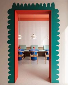 an open door leading to a dining room with blue chairs and tables in the background