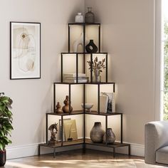 a corner shelf with vases and other items on it in a living room setting