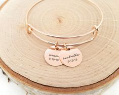 Personalized Rose Gold Bangle - Kids Name & Date Bracelet Have this bangle bracelet personalized with any name, date or word! Personalized jewelry makes the perfect gift for so many occasions. Kids names, grandkids names, initials, or inspirational words can be engraved on each rose gold disc. Metal Initial Bangle Bracelet, Date Bracelet, Rose Gold Bangle Bracelet, Rose Gold Initial, Coordinates Bracelet, Personalised Bangle, Bracelet Initial, Bracelet Rose Gold, Rose Gold Bangle