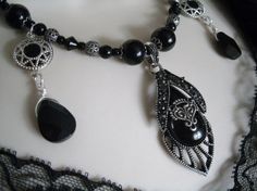 Gothic Victorian Necklace gothic jewelry victorian by Sheekydoodle Black Metal Necklaces With Silver Beads, Black Metal Necklace With Silver Beads, Black Necklace With Silver Beads, Gothic Black Necklace With Black Beads, Gothic Onyx Necklace Gift, Gothic Onyx Necklace As A Gift, Black Filigree Necklace For Formal Occasions, Victorian Style Silver Onyx Jewelry, Victorian Silver Onyx Jewelry