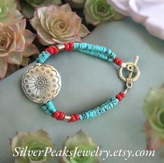 Turquoise gemstone bracelet highlighted with a sterling silver center accent coin style piece. Delicate and stunning. Turquoise Gemstone, Gemstone Bracelet, Beauty Book, Jewelry Bracelets, Coin, Accessory Gift, Beaded Bracelets, United States, Electronic Accessories