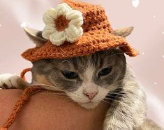 a cat wearing a crocheted hat with flowers on it