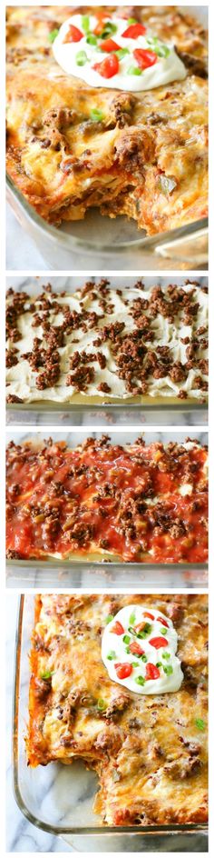 four different views of an enchilada casserole with meat and cheese