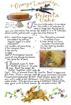 an orange lavender polenta cake recipe is shown