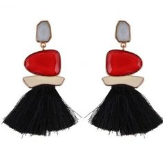 Black Red White Boho Tassel Drop Statement Earrings Metal: Zinc Alloy + Acrylic. Measurements: 3.25in X 2.3in Elegant Red Tassel Earrings As Gift, Elegant Red Tassel Drop Earrings, Elegant Red Tassel Earrings For Gift, Red Dangle Tassel Earrings With Latkans, Red Tassel Earrings With Latkans As Gift, Red Tassel Earrings With Latkans For Gifts, Red Latkans Tassel Earrings For Gifts, Black Dangle Tassel Earrings For Party, Black Tassel Earrings For Party