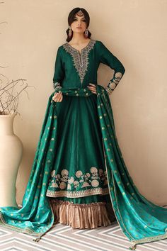 Silk Net Green Angrakha for Pakistani Wedding Dresses comes in Premium quality fabric on heavily embroidered frocks with Fast shipping and is Customizable. Kameez Designs, Pakistani Wedding Dresses, Salwar Kameez Designs, Sleeves Dress, Straight Trousers, Pakistani Wedding, Green Silk, How To Dye Fabric, Embellished Dress