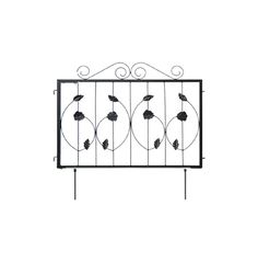 a wrought iron fence with black flowers on the top and two circular designs at the bottom