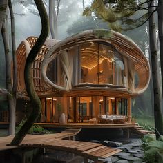 an unusual house in the woods surrounded by trees