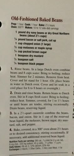 an old - fashioned baked beans recipe is shown in the kitchen paper, with instructions on how to make it