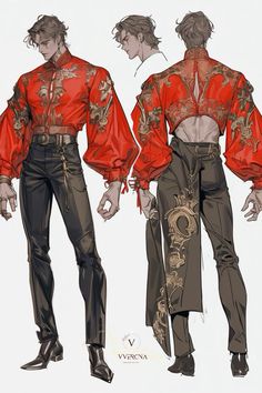 a drawing of two men in red shirts and black pants, one with his hands on his hips