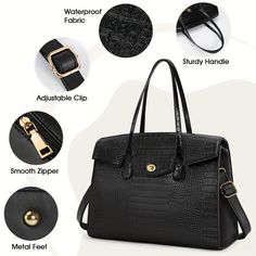 Material:PUTape Type:Detachable Shoulder StrapStyle:CasualColor:BlackIncluded Components:Adjustable strapClosure Type:ZipperOccasion:Going Out,Vacation,Daily CommuteLining Description:NylonPopular Elements:OtherSpecial Features:Water-resistant,Laptop Compartment,Tablet CompartmentItem ID:XD56421 There maybe 1-2 cm deviation in different sizes, locations and stretch of fabrics. Size chart is for reference only, there may be a little difference with what you get. There are 3 kinds of elasticity: H Portable Top Handle Shoulder Bag For Office, Portable Black Shoulder Bag For Office, Portable Top Handle Bags For Office, Portable Top Handle Office Bag, Office Portable Black Shoulder Bag, Office Top Handle Portable Bags, Office Black Portable Shoulder Bag, Travel Crocodile Pattern Crossbody Satchel, Portable Tote Bags For Office