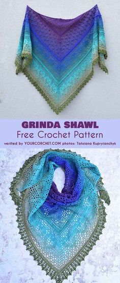 the crochet shawl is shown in three different colors