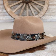 Introducing our latest accessory - the Falcon Western Hat Band! Elevate your hat game with this unique and stylish addition, featuring a mix of black, brown, and white feathers that will perfectly complement any western hat. The band is adjustable with a sturdy leather tie, ensuring a comfortable fit for all sizes. Whether you're hitting the rodeo or just want to add some flair to your everyday look, this hat band is sure to turn heads. Don't miss out on this must-have accessory! Adjustable Hat Adjustable Fringe Hat With Curved Brim, Adjustable Flat Brim Hat With Fringe, Rodeo Fedora Felt Hat With Feather Trim, Western Fedora With Feathers And Flat Brim, Western Style Fedora With Feathers And Flat Brim, Felt Fedora With Feather Trim For Rodeo, Wide Brim Felt Hat With Feathers For Ranch, Flat Brim Feathered Ranch Hat, Wide Brim Felt Hat With Feathers For Outdoor