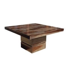 a square wooden table sitting on top of a white floor