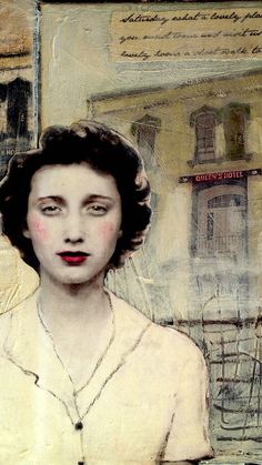 a painting of a woman with short hair wearing a white shirt and red lipstick in front of a building