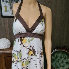 Brown And Green Floral Accents On A White Base. New Without Tags. This Dress Is Never Worn, But Has Been In Storage For Many Years. Fabric Is See Through, See Pictures. Wrap Around Tie Is Stitched On. There's Zero Stretch To This Fabric. Size 9/L. Model Is 5'8". 2000s Sundress, Y2k Dress Outfit, Beach Dress Outfit, 2000s Fashion Inspiration, Pinterest Wardrobe, Fancy Event, Y2k Dress, Theme Dress, Floral Cocktail Dress