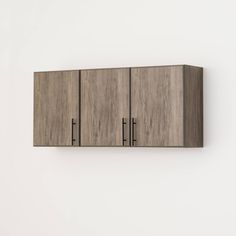 a wall mounted cabinet with three doors on the front and two drawers on the back