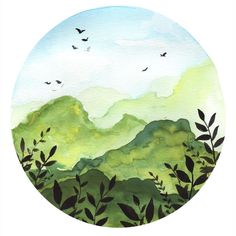 a painting of mountains and trees with birds flying in the sky