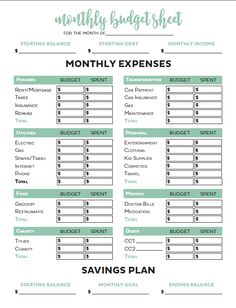 a printable budget sheet with the words, savings plan and money balance on it