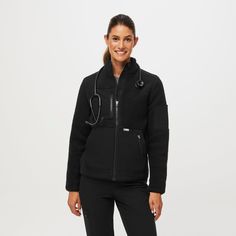 Official FIGS® Outerwear. Get Free Shipping On Orders $50+! | FIGS Womens Black On-Shift™ - Sherpa Jacket Black Figs, Black Fig, Lulu Leggings, Scrub Jackets, Long Sleeve Blouse Pattern, Sherpa Jacket, Light Blue Sweater, Shell Jacket, Black Sleeveless