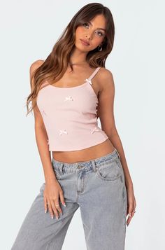 Emilia Ribbed Bow Tank Top – edikted Ribbed Cotton Cami Top, Summer Ribbed Camisole Top, Ribbed Cotton Camisole For Spring, Pink Ribbed Cami Top, Ribbed Camisole Tops For Spring, Ribbed Cotton Crop Top For Spring, Spring Ribbed Camisole Top, Spring Cotton Ribbed Crop Top, Spring Ribbed Cotton Crop Top