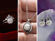 Introducing the exquisite Pearl Skull Jewelry Gift Set, a perfect blend of elegance and edge, designed for those who appreciate both vintage charm and gothic allure. This unique set includes a custom engraved pearl skull locket pendant necklace, dangle pearl skull earrings with crowns, and a stunning pearl skull ring adorned with a crystal crown. Each piece is meticulously crafted to offer a timeless appeal that resonates with both vintage aficionados and goth enthusiasts. The centerpiece of thi Pearl Skull Ring, Gothic Skull Jewelry For Formal Occasions, Elegant Skull Shaped Jewelry For Gifts, Elegant Skull Ring As Gift, Elegant Skull Ring Gift, Elegant Skull-shaped Jewelry For Gifts, Elegant White Skull Ring For Gift, Elegant Silver Skull Ring For Halloween, White Sterling Silver Skull Jewelry