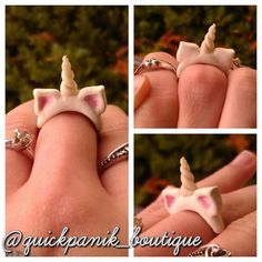 four pictures of different rings with an unicorn's head on them, and one has a diamond ring in the middle