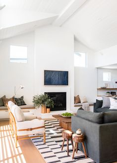 a living room filled with furniture and a fire place in the middle of a room