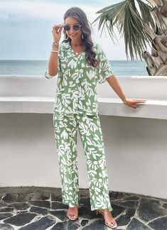 Get ready for some fun in the sun with our Beach Vacation Matching Set! This sage green set with palm leaf prints includes everything you need for a stylish and coordinated beach look. No need to stress about packing, we've got you covered. Soak up the sun and turn heads with this must-have set! Size Guide: Model is 5’ Summer Bottoms, Soak Up The Sun, White Dress Party, Prom Outfits, Short Sleeve Pattern, Short Sleeve Cardigan, Fun In The Sun, Spring Tops, Beach Look