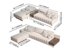 the sectional sofa is shown with measurements for each piece and has two pillows on it