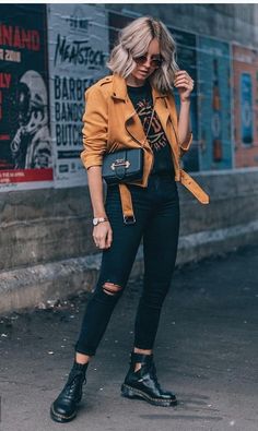 Fall outfit | Biker boots | Jacket | Inspo | More on Fashionchick Fashion Journal, Comfy Fall Outfits, Doc Martens Outfit, Fest Outfits, Black Ripped Jeans, Easter Weekend, Yellow Jacket, Spring Women