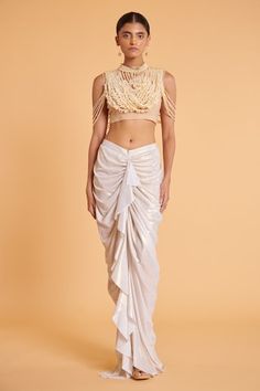 Ivory draped skirt in foiled spandex base. - Aza Fashions White Fitted Draped Skirt For Party, Ivory Drapes, Fashion Library, Skirts Long, Wrap Around Skirt, Draped Skirt, Women Skirts, Skirt For Women, Skirt Women