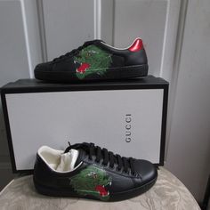 Aujentic, Made In Italy Comes With Original Box And Dust Bag Low Top Gucci Black Sneakers With Contrast Sole, Gucci Custom Sneakers With Embroidered Logo For Streetwear, Casual Gucci Sneakers With Leather Sole, Luxury Black Sneakers With Embroidered Logo, Designer Black Low-top Custom Sneakers, Designer Leather Custom Sneakers With Embroidered Logo, Black Custom Lace-up Sneakers With Embroidered Logo, Black Sneakers With Embroidered Logo, Black Lace-up Custom Sneakers With Embroidered Logo