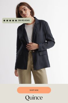 Who doesn't want to throw on the effortless look of linen to top off their outfit? The single-breasted European Linen Blazer is here to do just that. Relaxed fit, functional pockets, breathable, and lightweight. We love her for work, vacation, and weekends—versatile is an understatement.  | Quince | Women's 100% European Linen Blazer in Black, Size Medium Summer Business Casual Relaxed Fit Blazer, Casual Linen Single Button Blazer, Casual Single Button Linen Outerwear, Casual Single Button Linen Blazer, Casual Summer Blazer For Everyday, Fitted Linen Casual Blazer, Casual Fitted Linen Blazer, Summer Blazer With Pockets In Relaxed Fit, Casual Summer Blazer In Relaxed Fit