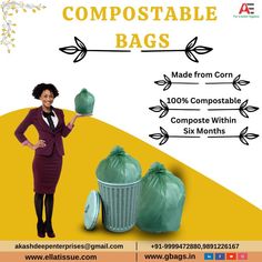 a woman in business attire holding a trash can and garbage bags with the words compostable bags above it