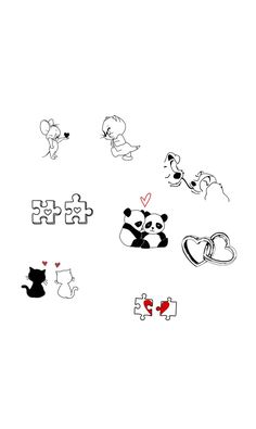 several different types of stickers on a white surface with black and red designs in the middle