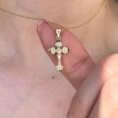 14KT yellow gold diamond-cut detailed crucifix cross pendant charm. Length: 23mm including bail; 17.7mm not including bail Width: 12mm Weight: .62 gram Fits up to 4mm chain Stamped 14K Flat backside Chain not included Yellow Gold Cross Charm Jewelry, Gold Diamond Cut Crucifix Jewelry, Yellow Gold Crucifix Necklace Tarnish Resistant, Fine Jewelry Crucifix With Diamond Cut, Yellow Gold Tarnish-resistant Crucifix Necklace, Engraved Yellow Gold Crucifix Jewelry, Tarnish Resistant Yellow Gold Crucifix Necklace, Yellow Gold Diamond Cut Crucifix Necklace, Yellow Gold Cross Necklace With Charms