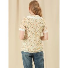 Take you from work to casual wear with this Allegra K shirt. In sweet floral prints, the lightweight and comfortable fabric is decorated with a lace trim and short sleeves. This short-sleeved shirt is enhanced by a cute floral and embroidered design and will be added right into your spring-summer wardrobe. A cute peter-pan-collar shirt is tailored with beautiful embroidery, a fresh flowered pattern, and a straight-cut silhouette. The button-down closure allows it to sit perfectly at the top of y Cotton Ditsy Floral Print Short Sleeve Blouse, Cotton Blouse With Ditsy Floral Print And Short Sleeves, Summer Lace Patchwork Short Sleeve Blouse, Summer Short Sleeve Blouse With Lace Patchwork, Summer Blouse With Lace Patchwork And Short Sleeves, White Ditsy Floral Print Short Sleeve Top, Beige Floral Print Short Sleeve Blouse, Beige Short Sleeve Blouse With Floral Print, Daywear Printed Short Sleeve Blouse