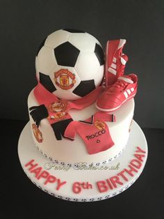 a birthday cake with a soccer ball and shoes on top