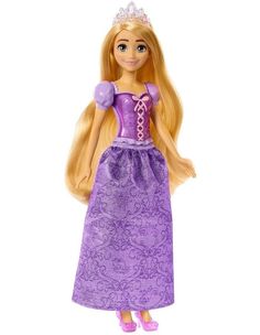 a barbie doll wearing a purple dress and tiara with long blonde hair, standing in front of a white background