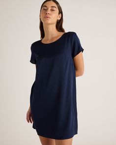 Slinky, simple and versatile. Always chic, never fussy, this dress is an easy win every time. Made from mulberry silk with a little stretch, our silk is washable for low-maintenance ease. Plus, silk fiber contains 18 kinds of amino acids that make it amazing for skin nourishment, hypo-allergenic, and naturally thermoregulating to help maintain body temperature.  | Quince | Women's 100% Washable Silk Stretch T-Shirt Dress in Navy, Size Medium Silk Dresses For Work, Elegant Crew Neck Dress For Daywear, Elegant Crew Neck Daywear Dress, Casual Silk Dress For Work, Cheap Relaxed Fit T-shirt Dress With Crew Neck, Cheap Relaxed Fit T-shirt Dress For Women, Cheap Relaxed Fit Crew Neck T-shirt Dress, Navy Short Sleeve Relaxed Fit T-shirt, Affordable Navy Relaxed Fit T-shirt