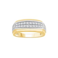 Designed with a rows of diamonds, this gold plated sterling silver wedding band handsomely signifies your commitment. Designed with a rows of diamonds, this gold plated sterling silver wedding band handsomely signifies your commitment.Click on this JEWELRY & WATCHES GUIDE to learn about fit, styles, materials and more! Metal: sterling silver Packaging: boxed Plating: 14k gold, rhodium Finish: polishedDIAMOND DETAILS Total weight: 1/2 ct. Shape: round Setting: pave Diamond weights are approximate Diamond Ring With Diamond Accents For Marriage, Diamond Ring With Accents For Marriage, Marriage Diamond Ring With Diamond Accents, Yellow Gold Bands With Diamond Accents For Anniversary, Anniversary Yellow Gold Bands With Diamond Accents, Yellow Gold Diamond Bands With Diamond Accents, Anniversary Bands With Diamond Accents In Fine Jewelry Style, Fine Jewelry Anniversary Bands With Diamond Accents, Diamond White Bands With Diamond Accents For Anniversary